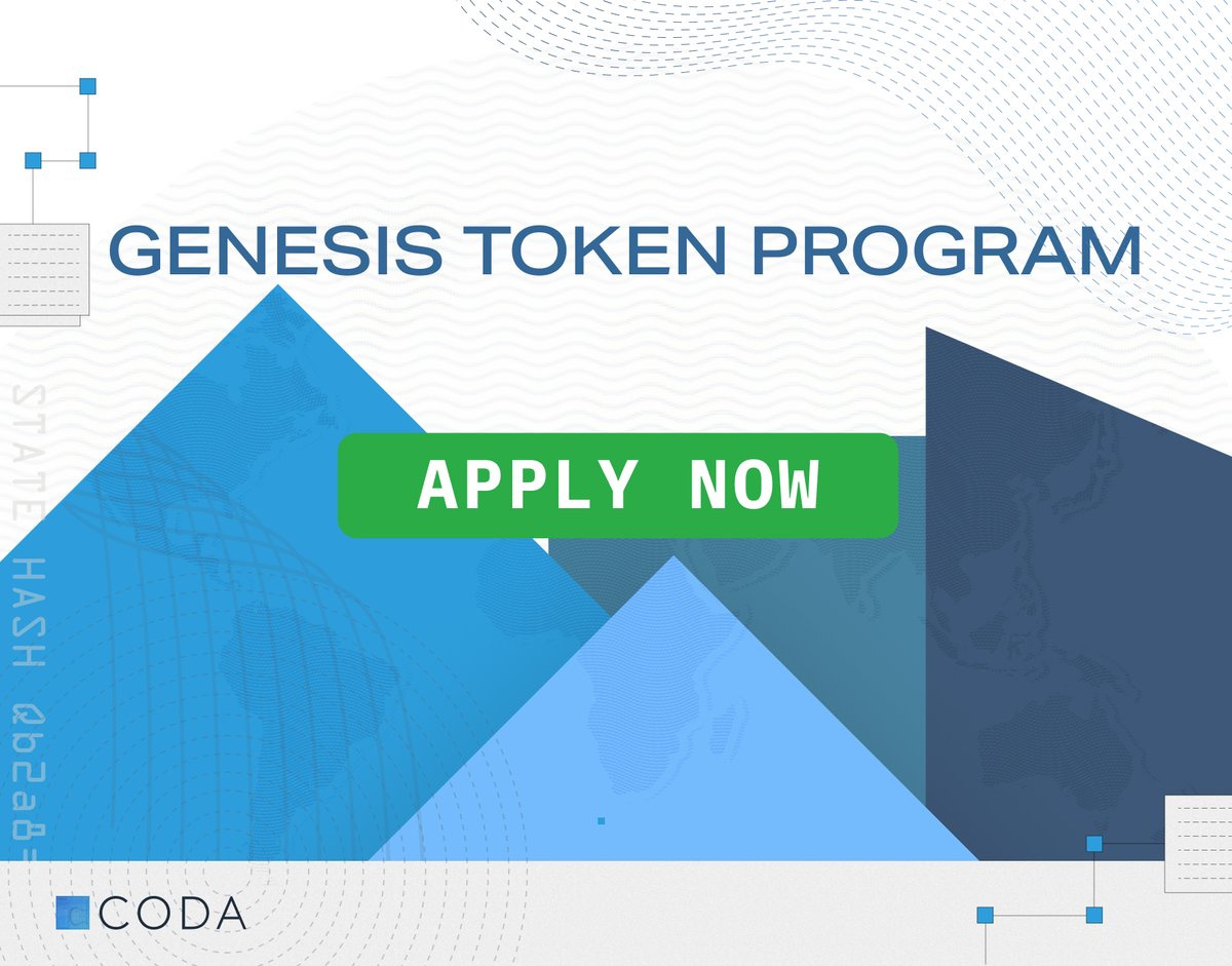 MinaProtocol's tweet image. Introducing Genesis, a token program to prepare the community for 2020 mainnet launch.

Up to 1000 community members will be eligible to receive a distribution of 66,000 coda tokens. Apply now: codaprotocol.com/genesis