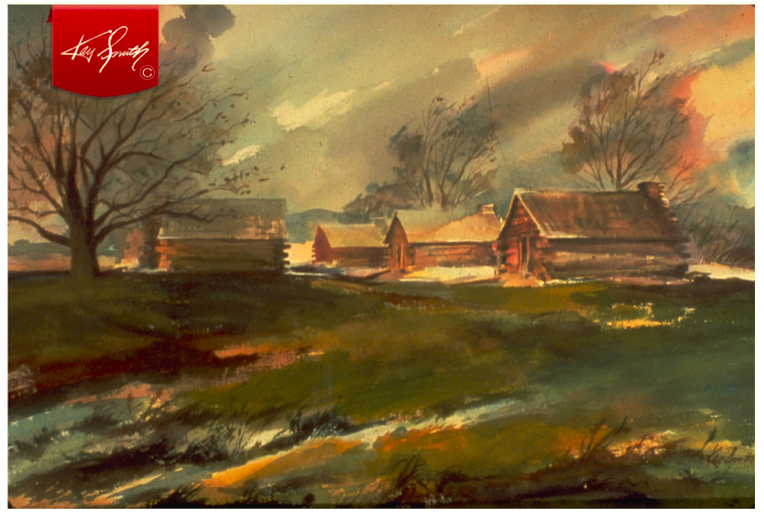 ArtistKaySmith's tweet photo. Despite the bleakness of the scene, the color and movement give a vital and energetic feel that makes this one of my most successful paintings. It is my tribute to the men who suffered and died there. 
https://t.co/GnV3cqN6Mj #valleyforge #watercolorartist #kaysmithartist https://t.co/6NgWMNKDip