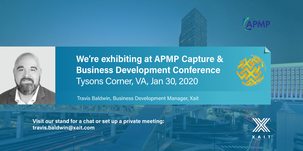 Xaitgroup's tweet photo. Xait will be present at @APMPConnect Capture &amp; Business Development Conference at the Westin Tyson’s Corner, VA on 30. Jan. Visit our stand and learn more about our team co-authoring and automation software solution, the X factor for Winning More Business.
#WinWIthXait https://t.co/yZv9VvEwhf