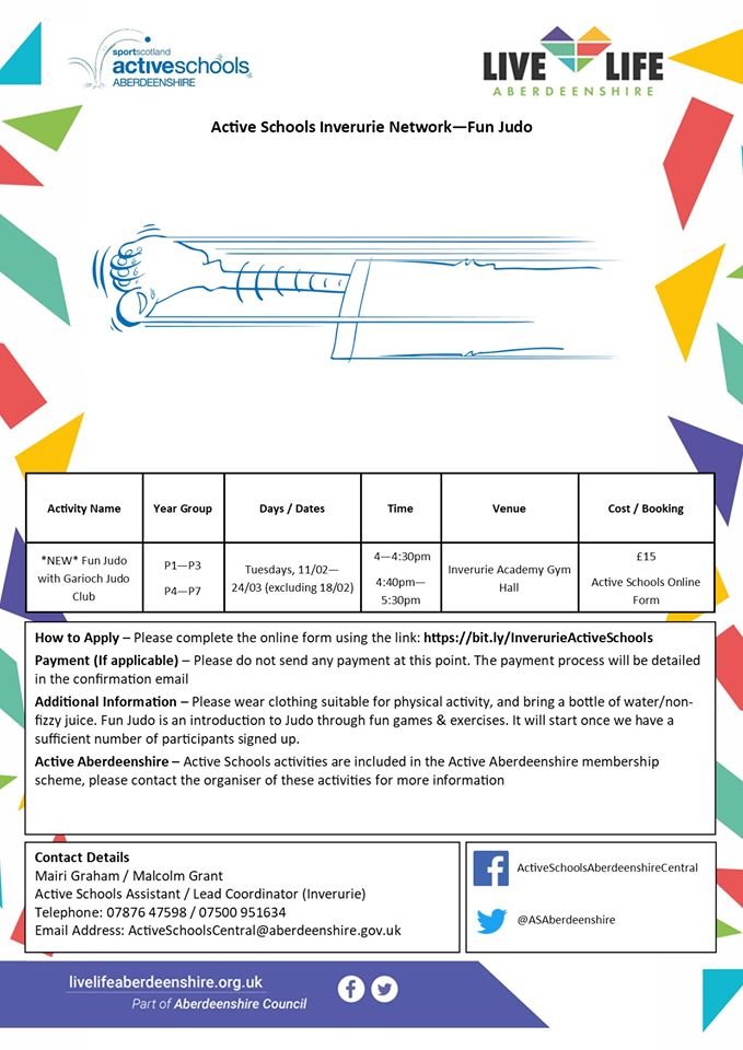 ASAberdeenshire's tweet photo. #ActiveSchoolsInverurie are offering brand new "Fun Judo" with @GariochJudo starting on Tuesday 11th February!
Fun Judo is an introduction to Judo through fun games & exercises! Why not give it a try?
Sign up here: https://t.co/Hvbmy5VXBb
#GettingMoreActive #TrySomethingNew https://t.co/17i9qRlsS0