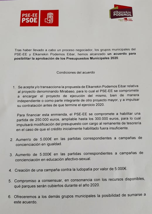 Podemos_Eibar's tweet photo. Hemos conseguido alcanzar un acuerdo con el PSE-EE, a través del cual logramos incorporar al Presupuesto del año 2020 una serie de partidas. Seguiremos trabajando para conseguir un Eibar más justo socialmente, feminista, sostenible y con mejores servicios públicos. https://t.co/qGZdkwtl4v