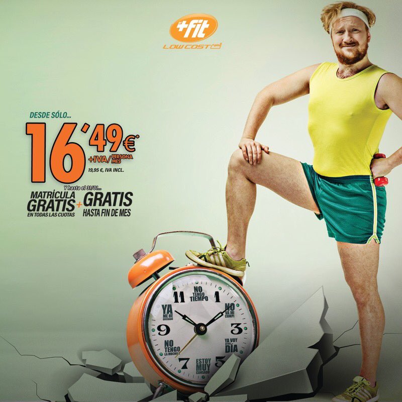 MasFitElche's tweet photo. Apúntate al gimnasio y acaba con el tiempo de las excusas. Nosotros te ayudamos con la mejor oferta. Date de alta desde sólo 16.49€+IVA/persona/mes (19.95€, IVA incl.). Y además, hasta el 31/01, matrícula gratis en todas las cuotas y te regalamos lo que queda de mes. https://t.co/z9bZ7dm1cY