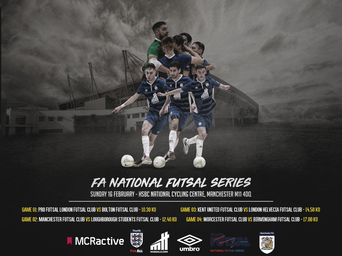 MFC_Futsal's tweet photo. NFL: @FA_NFS returns to Manchester on 16th February! A full day of LIVE action from @N_CyclingCentre Grab your day pass ticket now, get courtside and soak up the entertainment and excitement! Tickets 👇🏼https://t.co/WI1hpZ2BIw #Manchester #homeoffutsal #FANFS #EnglishFutsal https://t.co/InQGfrCYYW