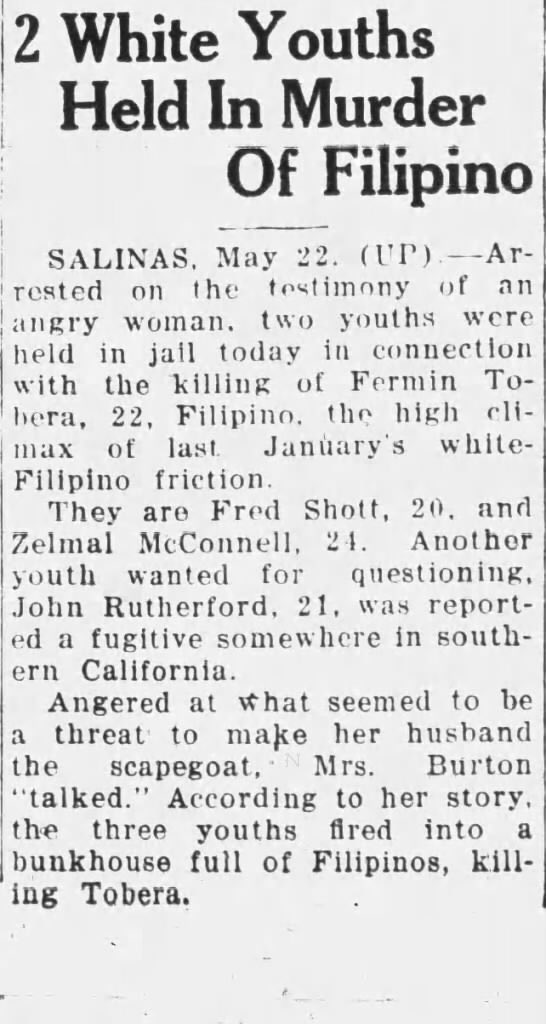 SupervisorAlejo's tweet photo. 90 YEARS AGO TODAY! 22-year old Filipino #FerminTobera was murdered during the Watsonville Anti-Filipino Riots! The next day, The Evening Pajaronian wrote, “Wild Rioters Murder Filipino in Forth Night of Mob Terror.” #KnowLocalHistory #NeverForget🇵🇭🇺🇸 https://t.co/N0Xm8qdQ0v
