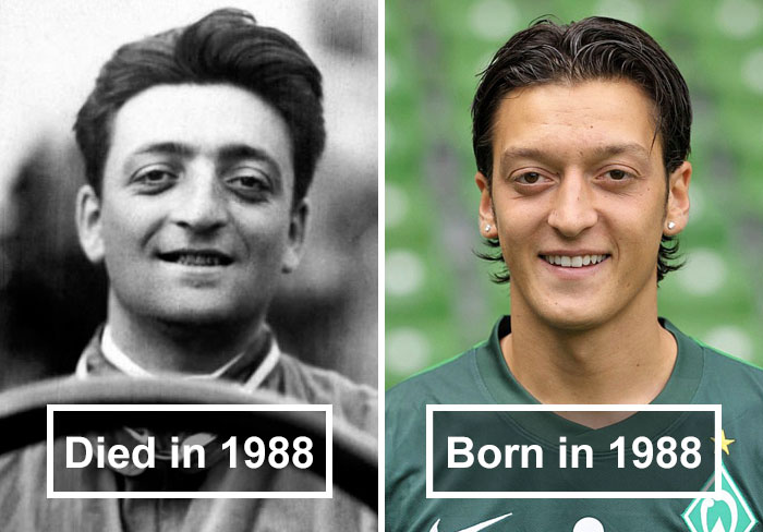 COINCIDENCE , Or REINCARNATION ?The founder of the Ferrari company, Enzo Ferrari, died on August 14, 1988. Just a month later, on October 15, Arsenal Footballer Özil was born. Take a look at their pictures side by side. Massive coincidence? Or proof of reincarnation? You decide