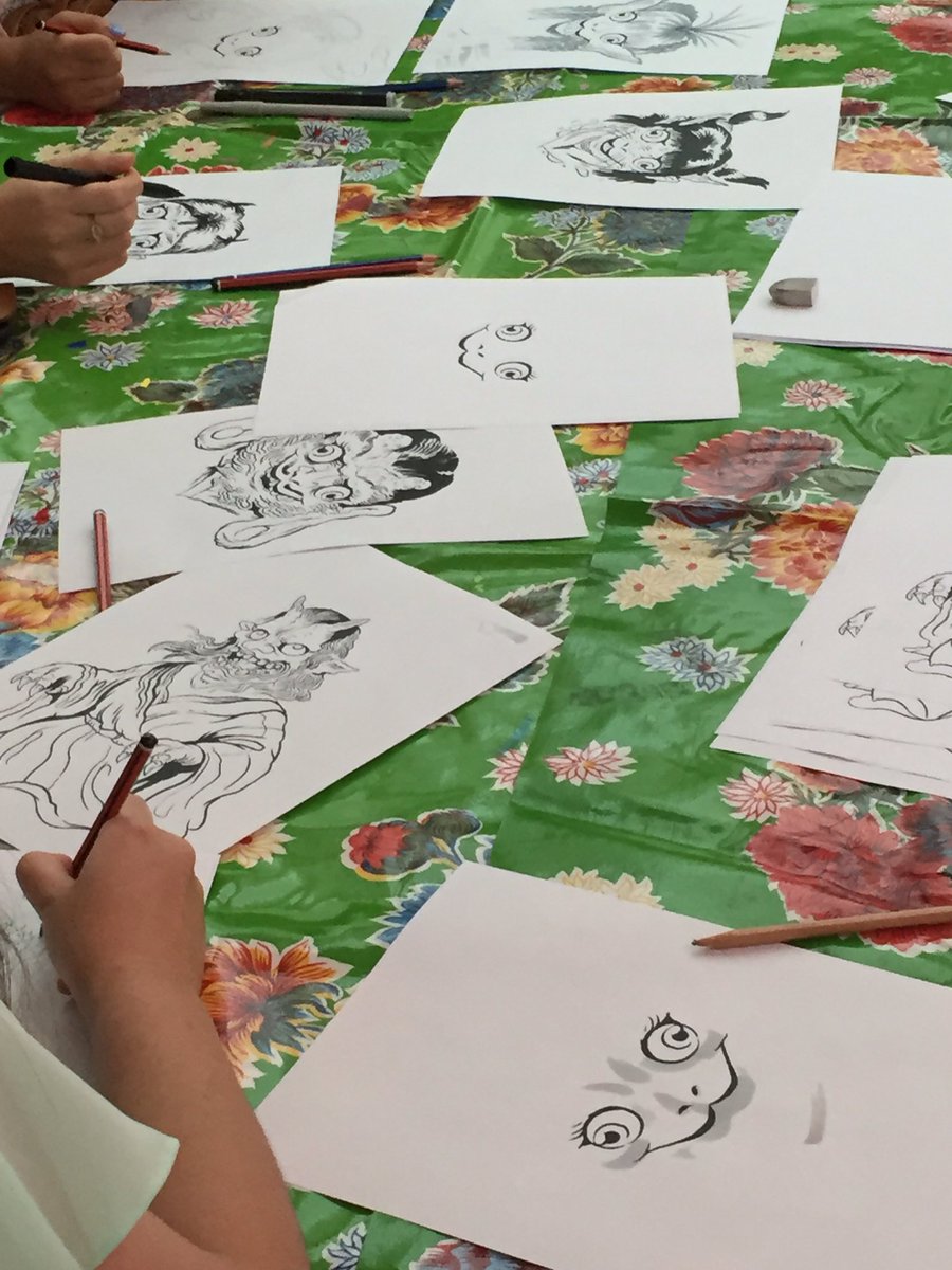 JPFSydney's tweet photo. So for this workshop, @yeetheeast has created a bunch of manga-inspired illustrations of supernatural creatures, and people are just having the best time filling in the blanks with  calligraphy pens. https://t.co/inJqWsuTCw