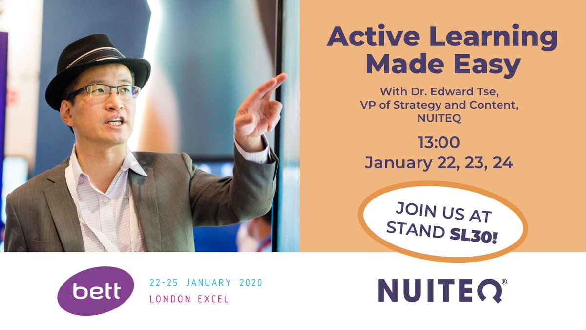 NUITEQChorus's tweet photo. #Bett2020 starts today! Excited to announce that #NUITEQ's VP of Strategy and Content, @DoctorET will be speaking about #ActiveLearning Made Easy at @myClevertouch stand SL30. Don't miss it! #EdTech https://t.co/gUHvge0J1W