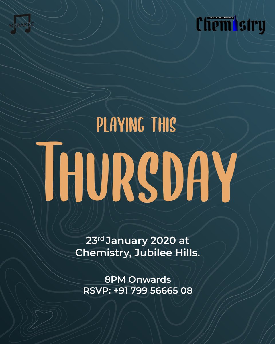 bandmerakee's tweet photo. #THETeluguBand is playing Chemistry Hyderabad this Thursday. Join us to groove to some fun telugu music and beat your midweek blues!
#bandmerakee #merakee #telugumusic #telugusongs #livemusic #hydevents #events_hyd #eventshyd #hyderabadmusic #liveeventshyd #hydelive #livehyd https://t.co/p4Kgk1sBZ5