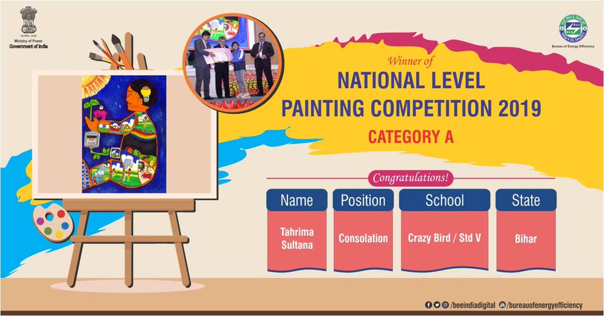 beeindiadigital's tweet photo. Tahrima Sultana of Std. V, Crazy Bird School, Bihar was awarded the Consolation prize in the ‘A’ category of the #NationalLevelPaintingCompetition2019.
Bureau of Energy Efficiency congratulates all the winners. #ECDay2019 #NationalEnergyConservationDay https://t.co/cvRHkcfi0z