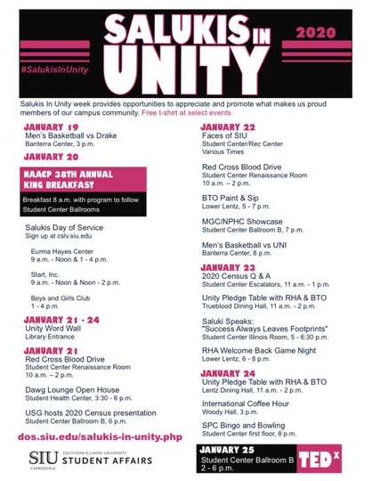 ALIAS_SIU's tweet photo. Did you know that this week is the Salukis In Unity campaign through the @SIUDeanStudents? Join us at these events throughout the week! #SIU #SIUC #SalukisInUnity #SIUGetInvolved #Salukis #ThatsASaluki #Absaluki #ThisIsSIU https://t.co/LpoQyg6jsg