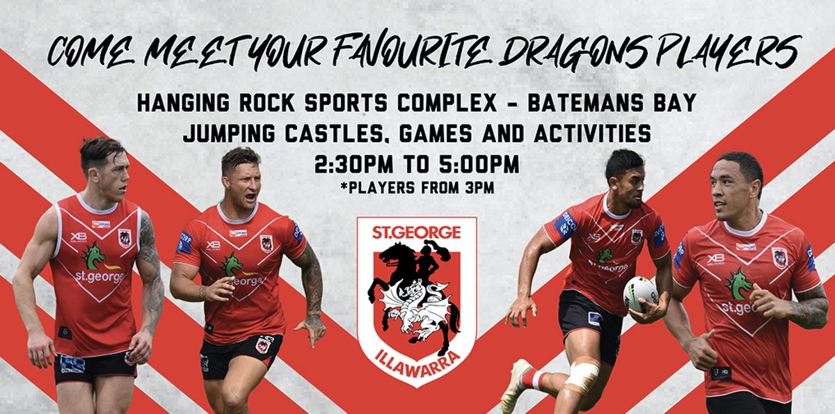 Come down and meet the entire Dragons squad at our Family Fun Day this Tuesday (28th Jan) in Batemans Bay! Help us raise both funds and spirits for those affected by the recent devastating bushfires 🐉 

RSVP here: stgi.co/2TKFWVP

#redv #bushfiresAustralia