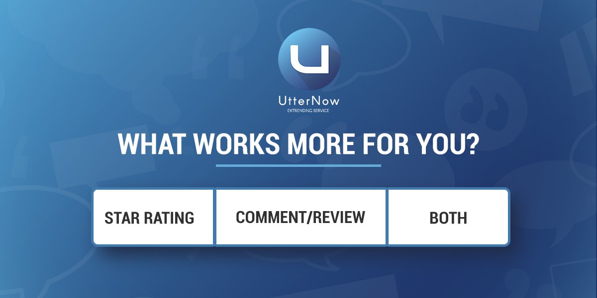 UtterNow's tweet photo. Some like words, others like images - rating and comment. What do you prefer?  

#UtterNow
#CustomerExperience #CX #Review #CustomerSuccess #ReviewApp
#customer #customerservice #customerfeedback #customerappreciation  #WednesdayThoughts #WednesdayWisdom #WednesdayMotivation https://t.co/A30kNQMhiV