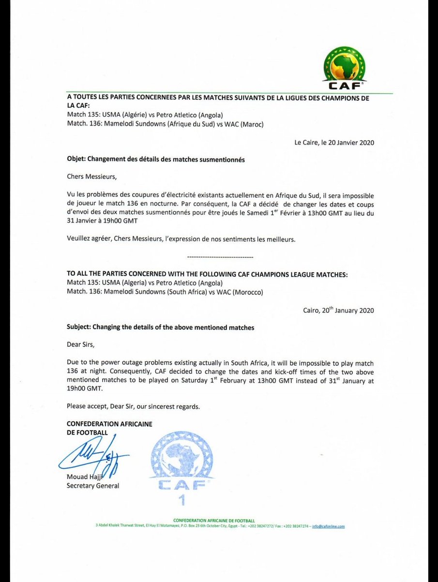MSFC_PKT_BRANCH's tweet photo. Here is an update about our CAF match against Waydad, we won't be playing them on Friday as it was scheduled but Saturday 3PM

#CAFCL #AFRICANDERBY #Sundowns #FillUpStadium https://t.co/jYDhxTMEqm