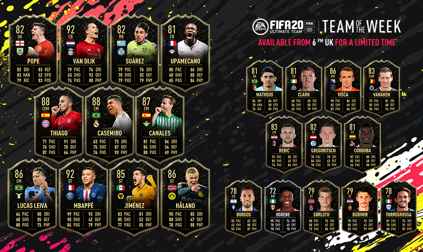 EASPORTSFC's tweet photo. #TOTW 19 features @VirgilvDijk, @KMbappe, Haland &amp; Jimenez 😍

Available in packs at 6PM UK! #FUT20 https://t.co/FqNlArxsFk
