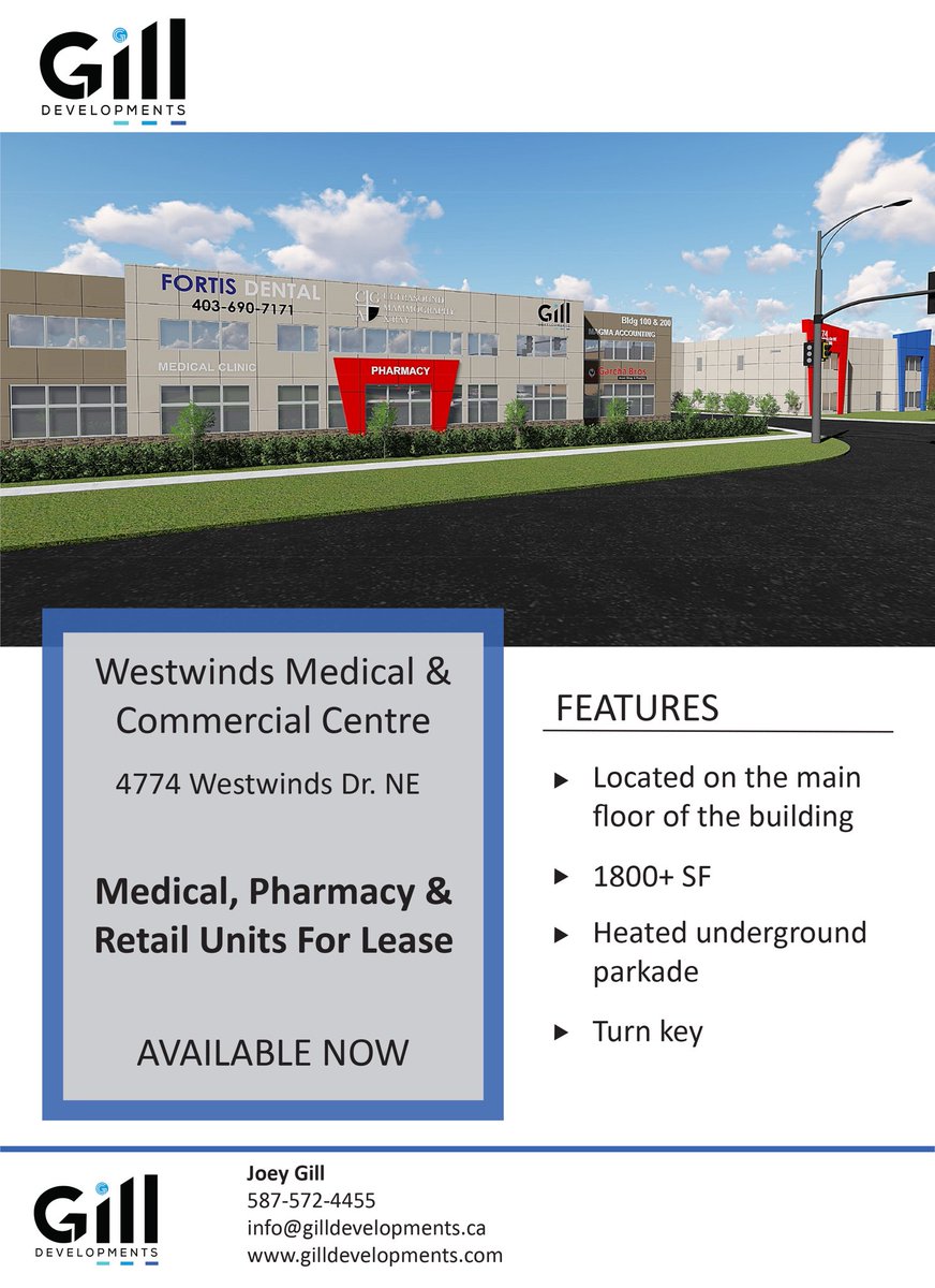 GillDevelopment's tweet image. Medical, Pharmacy, and Retail space available for lease in The Westwinds Medical &amp;amp; Commercial Centre located at 4774 Westwinds Drive NE Calgary, AB. For more information contact us by phone at 587-572-4455 or by email at info@gilldevelopments.ca.
