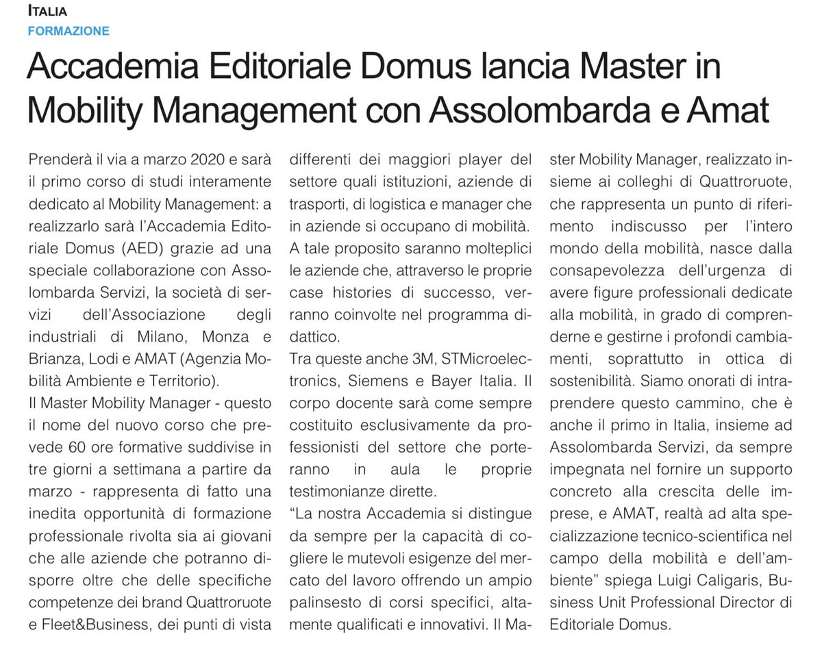 #AED <a href="/DomusWeb/">Domus</a> lancia Master in Mobility Management con <a href="/Assolombarda/">Assolombarda</a> <a href="/AssolombServizi/">Assolombarda Servizi</a> #Amat via <a href="/BrandNewsToday/">Brand News</a>