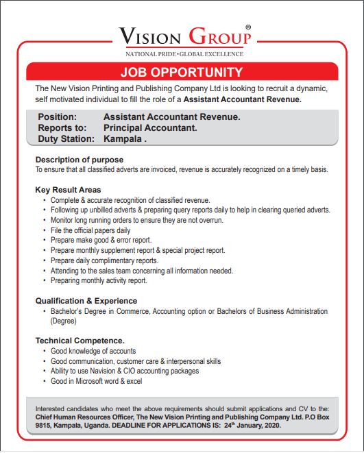 UrbanTVUganda's tweet photo. JOB OPPORTUNITY: @VisionGroup is currently on a search for an Assistant Accountant Revenue. For more details,c check here: https://t.co/5kEWOZfPhj. Closing date for applications is January 27th 2020. https://t.co/jDNU4tDPDT
