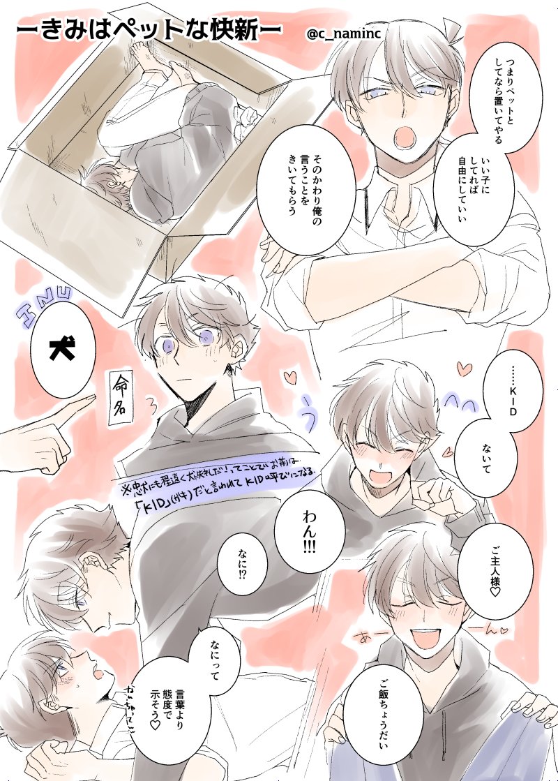 すぐ描く～～～……原稿やれえええ私
可愛くないですか……ペットな快斗…ね?ね?
可愛い…っ(私得)可愛いペットがご主人食べちゃうの

控えめに言っても好きですね 