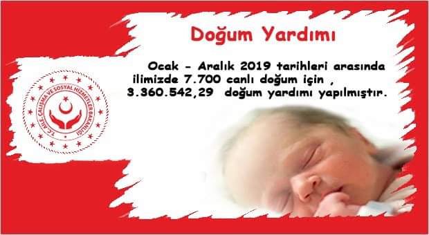 Ocak - Aralık 2019 tarihleri arasında
 ilimizde 7.700 canlı doğum için ,
3.360.542,29  doğum yardımı yapılmıştır. <a href="/ZehraZumrutS/">Zehra Zümrüt Selçuk</a> <a href="/ailevecalisma/">Cshabakanligi</a> <a href="/TekbBulent/">Bülent TEKBIYIKOĞLU</a>  <a href="/SuatKenc/">SUAT KENÇ</a> <a href="/cetinozmen23/">Çetin Özmen</a> <a href="/Kovancilarshm/">Kovancılar Sosyal Hizmet Merkezi</a> <a href="/elazigshm/">Elazığ Sosyal Hizmet Merkezi Müdürlüğü</a> @SosYarGM @AileveToplumHGM