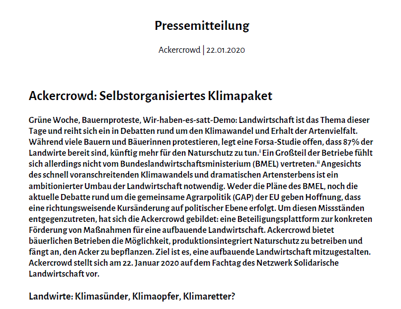 ackercrowd's tweet photo. Heute ist der 2. Fachtag "Solidarische Landwirtschaft" in Berlin. Wir werden zahlreich vertreten sein (u.a. mit @SoLawiWaldgarte ): auf dem Podium und an einem Stand. Hier ist unsere aktuelle Pressemitteilung dazu: https://t.co/FXVjRZN3jG

@solawiF
#Klimapaket
#Agrarwende https://t.co/GIsMW6fagJ