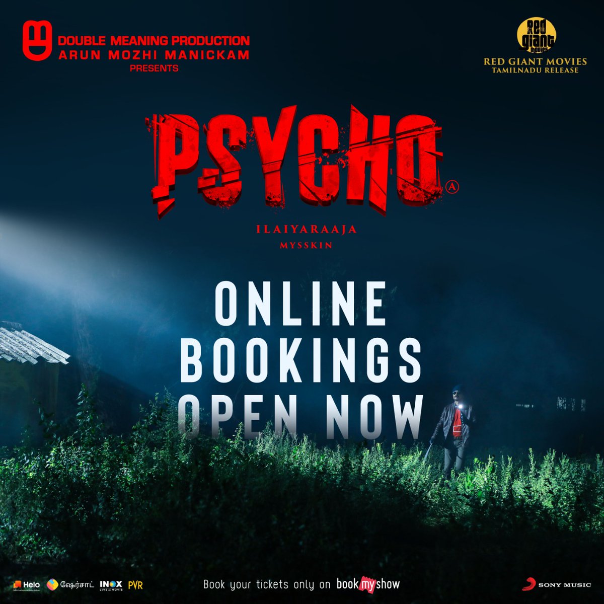 DoubleMProd_'s tweet photo. Are you ready for a #psycho experience of a lifetime. Our online gates are now officially open. Book your tickets now, before they run out!

#Mysskin #ilaiyaraaja @Udhaystalin @ManickamMozhi @aditiraohydari @MenenNithya @Director_Ram @Donechannel1 @Sonymusicsouth #PsychofromJan24 https://t.co/6gCiis9HcA