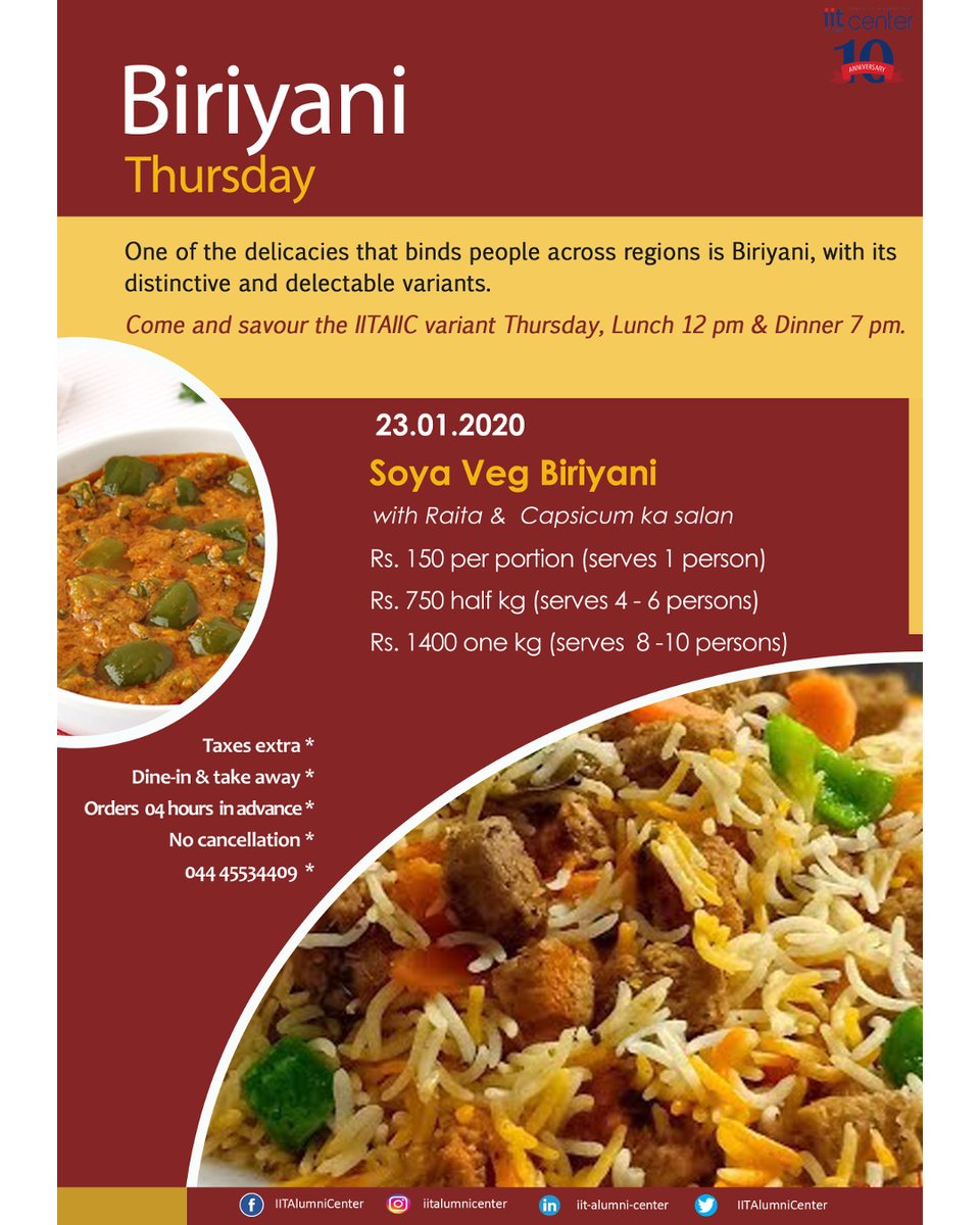 IITAlumniCenter's tweet photo. Variant on Thursday...
Order 4 hours in advance.
#SoyaVegbiriyani #vegbiriyani #SoyaBiriyani #biriyani #dinein #takeaway #CapsicumKaSalan #IITAIICVariant #Thursdaybiriyani #Thursday #VariantThursday #foodie #IITAIIC https://t.co/tKGTZM67aH