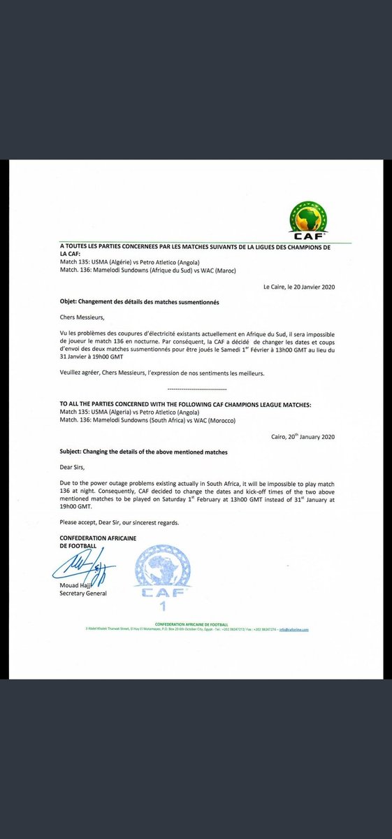 dbnbranch's tweet photo. Here is an update about our CAF match against Waydad, we won't be playing them on Friday as it was scheduled but Saturday 3PM

#CAFCL
 #AFRICANDERBY
 #Sundowns
 #FillUpStadium https://t.co/pmsnElQLEw
