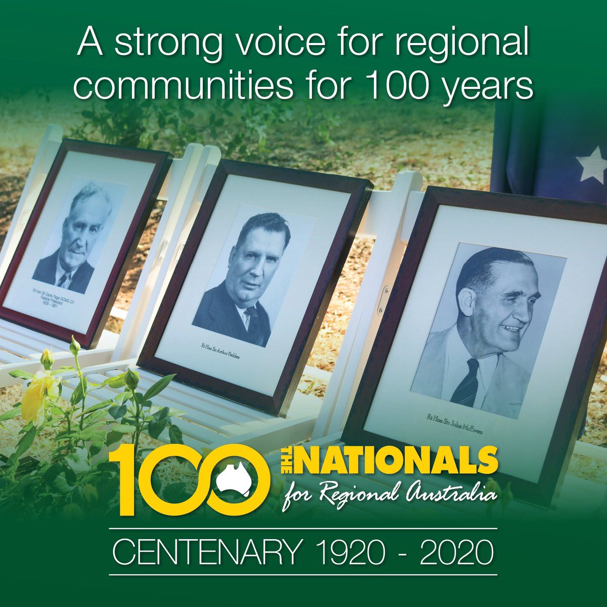M_McCormackMP's tweet photo. For 100 yrs @The_Nationals have represented regional Australians in our nation's capital &amp; today we marked the commencement of our centenary year. We paid tribute to PMs E. Page, A. Fadden &amp; J. McEwen - giants of our Party who dedicated their lives to the growth of regional Aus. https://t.co/IRl63MKRaG