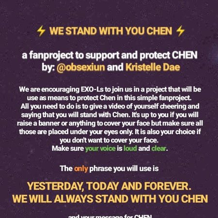 xiumbie's tweet photo. [HELP RT]
Hi I'm not a big account but I'm initiating this project for #CHEN since I'm inactive these days. I hope y'all can participate in this simple fanproject. 

We will also release banners for everyone! Please anticipate!!!! #WeStandForCHEN @weareoneEXO #EXO #weareoneEXO https://t.co/xfgJDOhbvr
