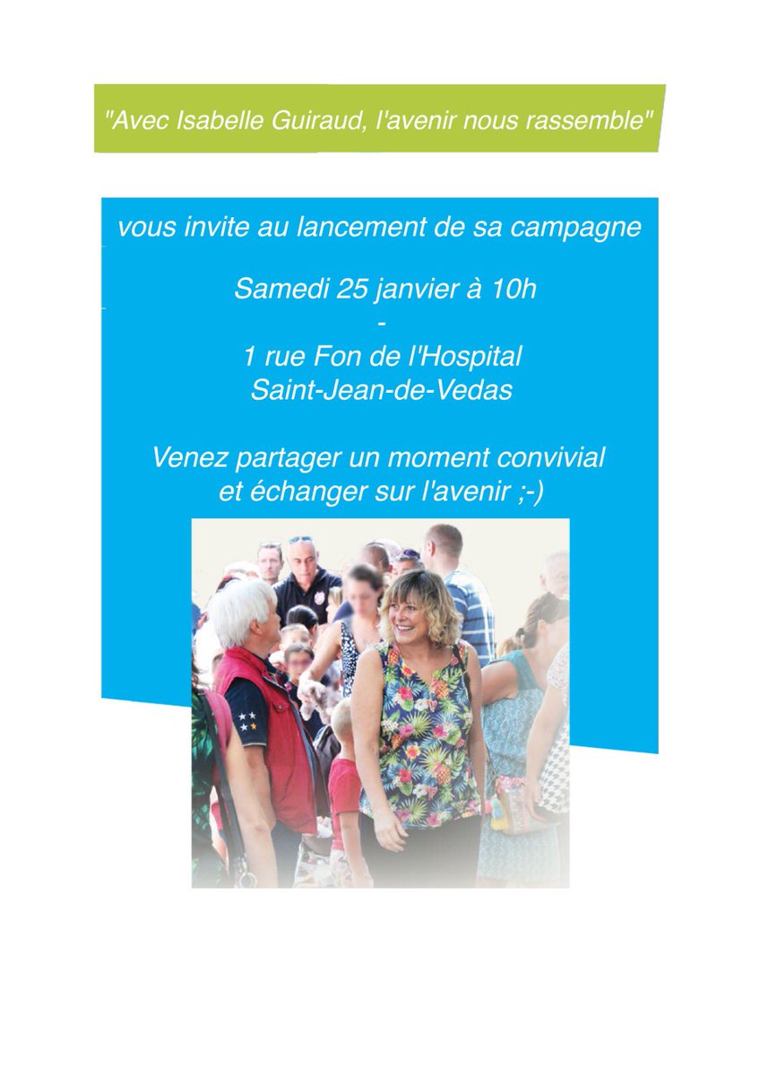 Clacombre's tweet photo. Rendez-vous ce samedi pour le lancement de la campagne « Avec Isabelle GUIRAUD, l’avenir nous rassemble » !
Venez nombreux partager un moment convivial et échanger sur l’avenir 😃 #municipales2020 #isabelleguiraud2020 #SJDV https://t.co/3tnWrENUUx