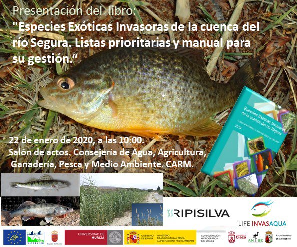 ¡No lo olvidéis! Os esperamos a las 10h en el salón de actos de la Consejería de medio ambiente (plaza Juan XXIII) para la presentacion del libro sobre #Invasoras #EEI de <a href="/UMU/">Universidad Murcia</a>  y despedir el proyecto <a href="/LIFEprogramme/">LIFE Programme</a> .
Pero no os preocupéis que <a href="/LifeInvasaqua/">LifeInvasaqua</a>  seguirá trabajando!