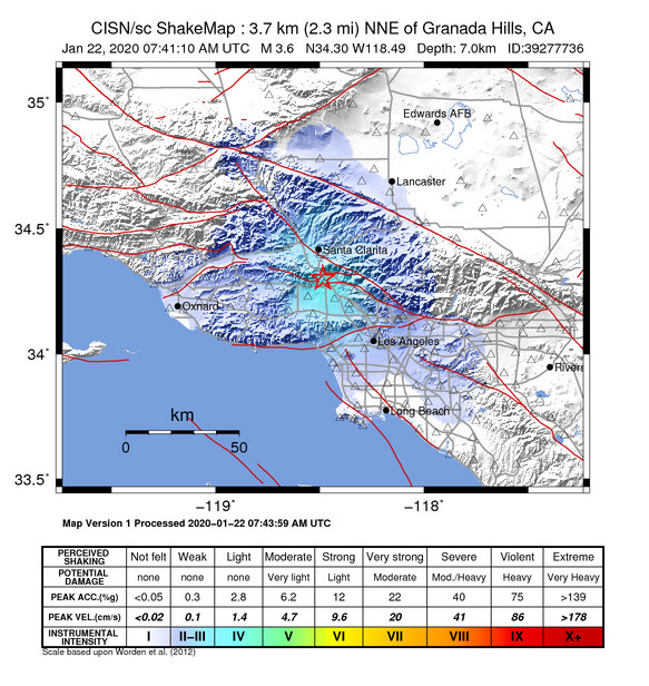 ClaireTVnews's tweet photo. USGS says a 3.6 earthquake hit around 11:41pm Tuesday north of Granada Hills…it felt like the drop of a Disneyland ride to me here in Studio City! Map provided by USGS. Where did you feel the quake? #cbsla https://t.co/R1VKcgs5RC https://t.co/vaTfq2vhlK