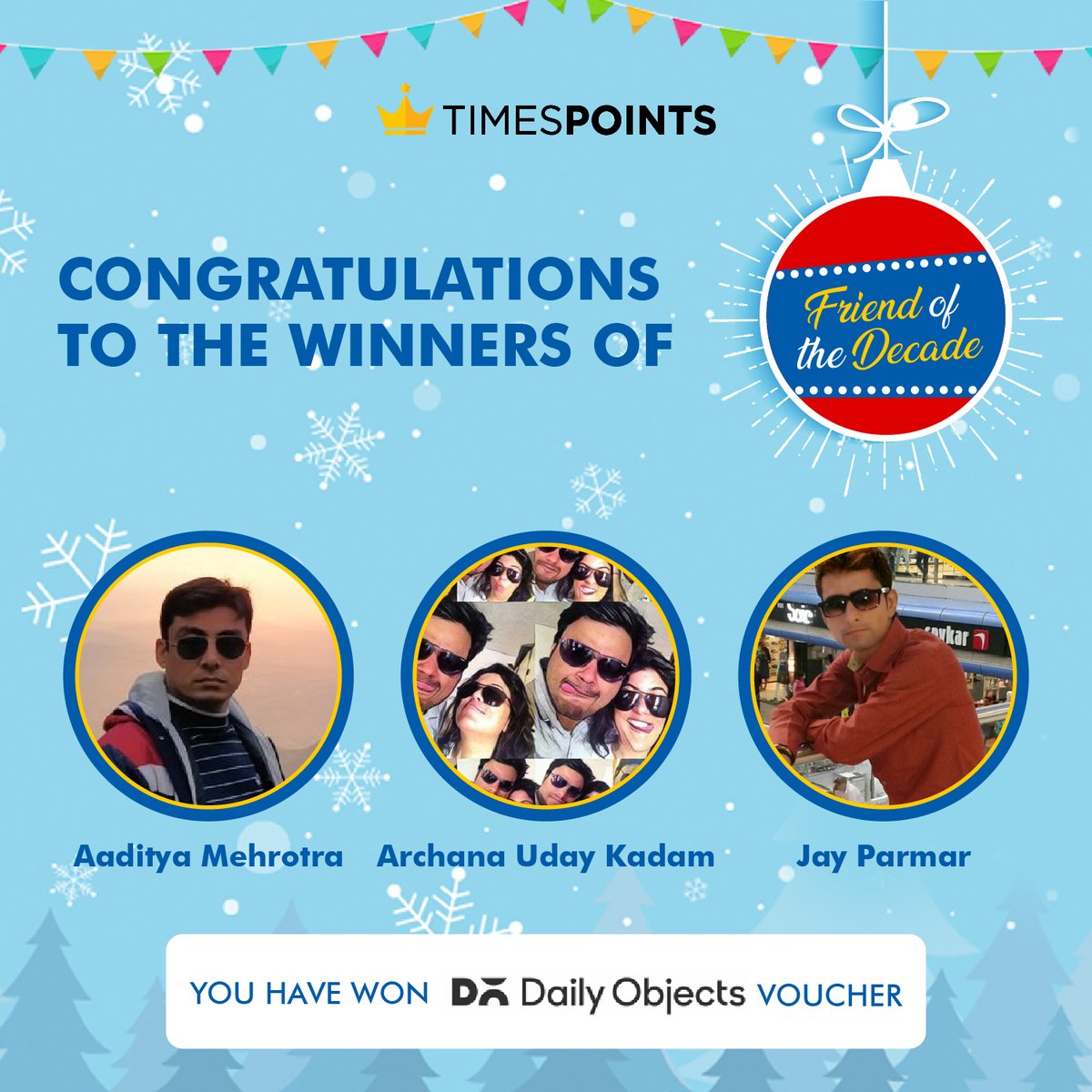 TimesPoints's tweet photo. Congratulations to the winners of the #FriendOfTheDecade You’ve been an amazing participant and have deservingly won. 

To claim your prize, please send us the following details:
1. Email address
2. Contact no.
3. City

@TimesInternet  
#Winners #Prize #Giveaway #TimesPoints https://t.co/iLESJBtO4z