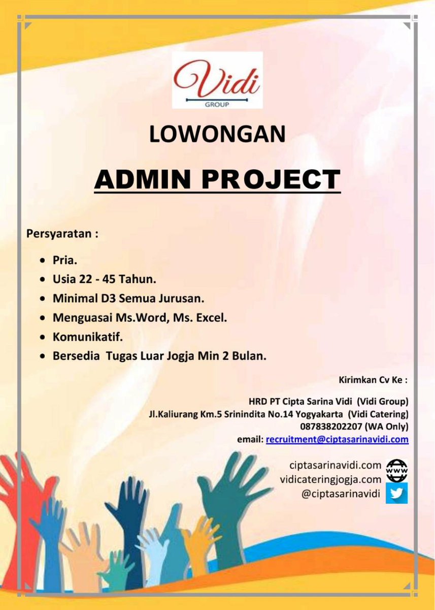 @UMYYogya ADMIN PROJECT|Pria|min 22thn|min D3|pnglmn 1thn|fulltime|recruitment@ciptasarinavidi.com|WA:087838202207 #lowkerjogja