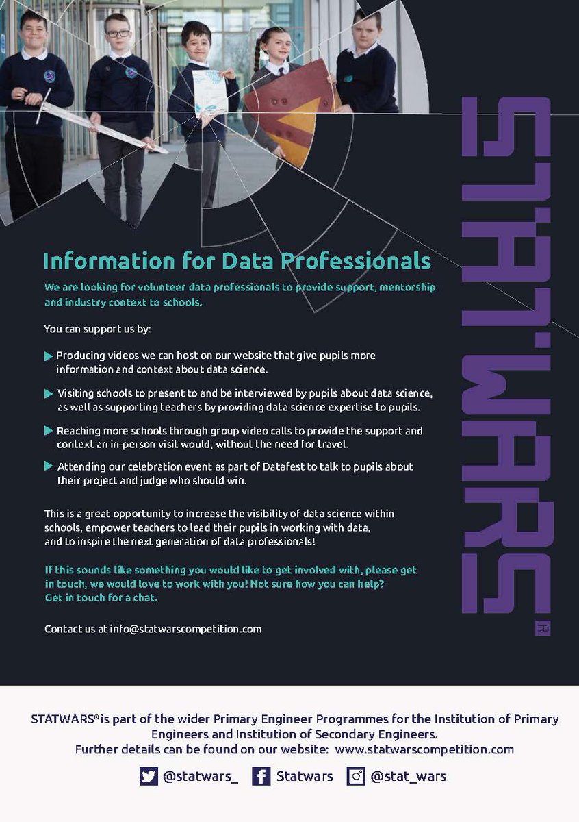 primaryengineer's tweet photo. **Calling Data Professionals** we need your help! The @Statwars_ competition is in full swing but schools need your help to create a better understanding of #DataScience &amp; to help apply to their projects. If you can help get in touch at info@statwarscompetition.com #STATWARRIORS https://t.co/hpfXSafv4O