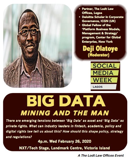 TheLodt's tweet photo. Our Partner, Deji Olatoye, has put events on the @SMWLagos stage in previous years. This year, he moderates our #SMWBigData panel.
Panelists are drawn from fintech, academia, policy/regulator and law.
4pm. Wed. 26 Feb. 2020
Landmark Centre, V.I.
Register for a seat hereπ https://t.co/C3N8RG9Jsa