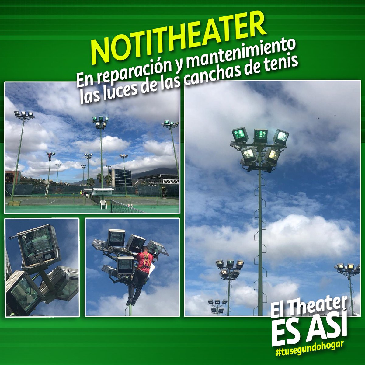 CCSTheaterClub's tweet photo. Noti-Theater informa que están en reparación y mantenimiento todas las luces 💡de las canchas de tenis 👟 🎾 para el mejor disfrute de los socios e invitados practicantes de este 🏸deporte. #caracastheaterclub #ctc #notitheater #eltheateresasí https://t.co/XIkU4goK2Y