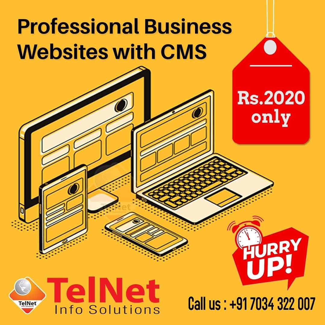 Get a Professional Business Websites with CMS at Rs.2020/- Only. 
Call us : 7034 322 007
#websites #webdesigning #responsivewebsites #cmswebsites #telnetinfosolutions