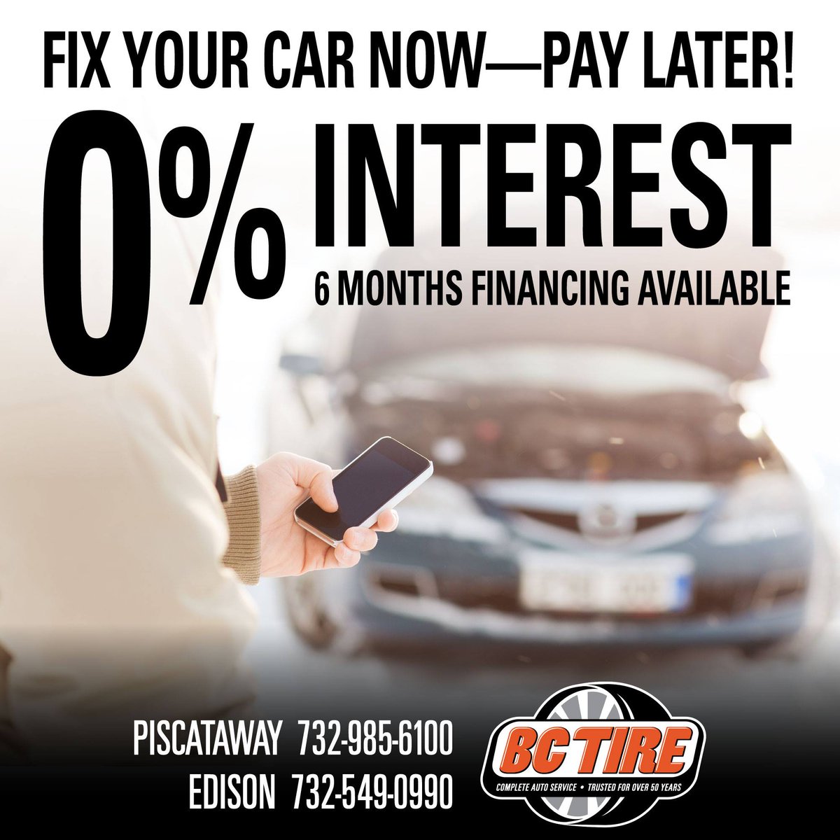 bctire's tweet photo. ⚠️Don’t get stranded. Fix your car NOW—pay for it LATER!

Apply online for our 0% interest / 6-month financing offer // https://t.co/TBcJRO3Lno

https://t.co/haSwFjzh2U // Piscataway // Edison https://t.co/Aw3Smpn5Tc