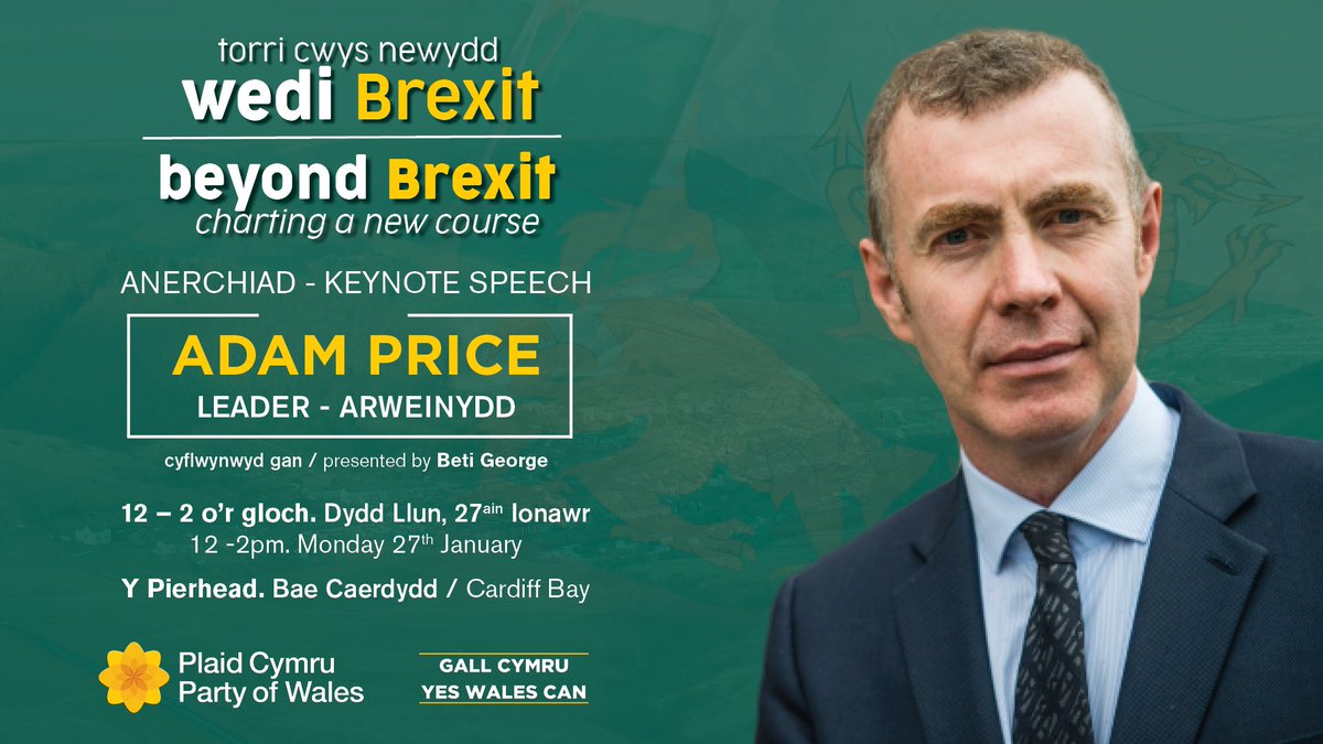 Plaid_Cymru's tweet image. 🇪🇺On 31 January Wales and the rest of the UK will leave the EU. 

🏴󠁧󠁢󠁷󠁬󠁳󠁿Join Plaid Cymru Leader 
@Adamprice
 as he outlines his vision for Wales #BeyondBrexit

🕛 12 to 2pm
📅 Monday, 27th January
📌 Pierhead, Cardiff Bay 

👉bit.ly/2ujCTth