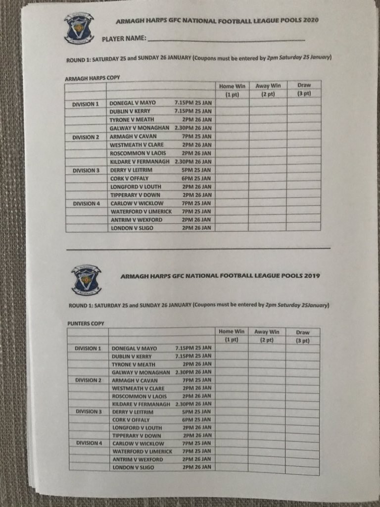 ArmaghHarpsGFC's tweet photo. Just days to go to the start of the Punters League. 

Coupons available from all Senior team players, Committee Members and the Social Club. 

Coupons and fee can be left in the Social Club 7-30pm to 9pm Thursday or 1-2pm Saturday. Only £20 entry fee. Super cash prizes!! https://t.co/VNYvjVpSR5