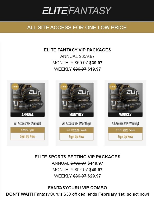 Rob_Povia's tweet photo. FOR THE FIRST TIME EVER, @EliteFantasyHQ, @EliteWins and @FantasyGuruSite are all offering ALL SITE ACCESS VIP Packages for ONE LOW PRICE!

Your favorite analysts are waiting to help you win big this year with livestreams, podcasts, daily articles and more💰 https://t.co/cwXn4nKVQk