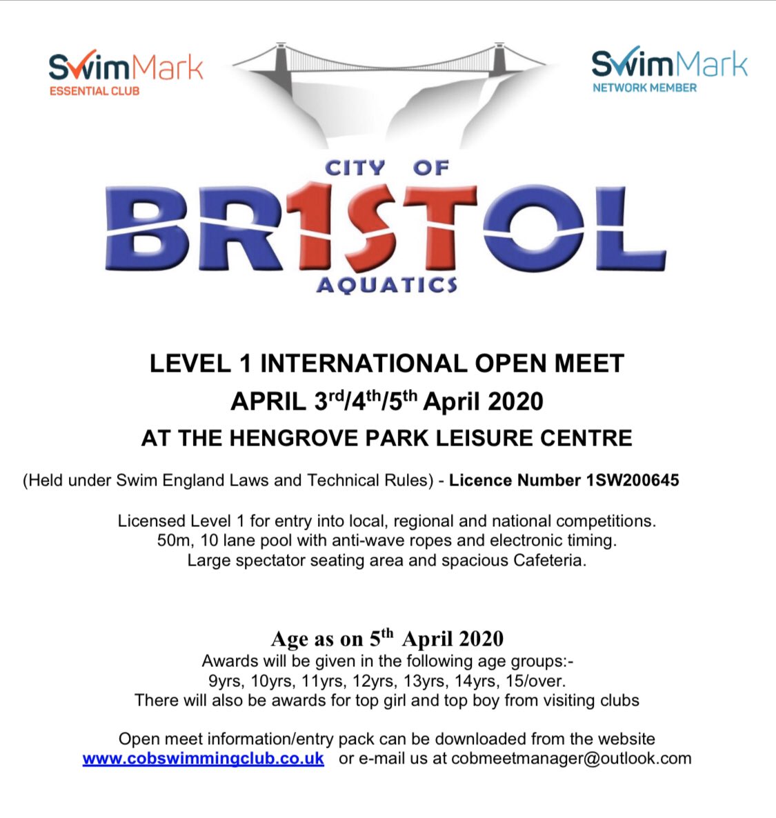 BristolAquatics's tweet photo. Head to our Website to Download our April Level 1 Meet Pack: https://t.co/JZm3TXbymX

To be held at Hengrove Park Leisure Centre within the National Qualifying window for 2020!!

See you all there!! https://t.co/mziRMOm43c