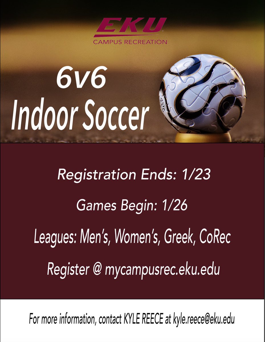 EKUCampusRec's tweet photo. Registration for Indoor Soccer and Basketball is still open. Register yourself or your team for one of our 4 leagues at https://t.co/tPzWCGsmvk. Games will begin on 1/26. https://t.co/lNqrToTHw7