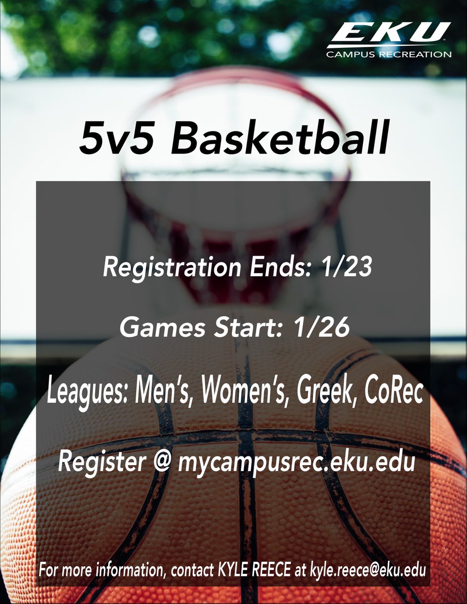 EKUCampusRec's tweet photo. Registration for Indoor Soccer and Basketball is still open. Register yourself or your team for one of our 4 leagues at https://t.co/tPzWCGsmvk. Games will begin on 1/26. https://t.co/lNqrToTHw7
