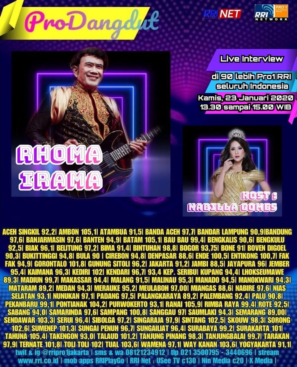denbukit80's tweet photo. Mari rame rame dengerin #ProDangdut akan menghadirkan @rhoma_official persembahan @gp_records Kamis, 23 Januari 2020 Jam 14.00 WIB Live, dan yang pengen ikutan gabung bisa dengerin RRI Pro1 di kota anda, sms &amp; wa 08121234912 | tlp 021 3500795 - 3440696 https://t.co/TZaLLL3ew0