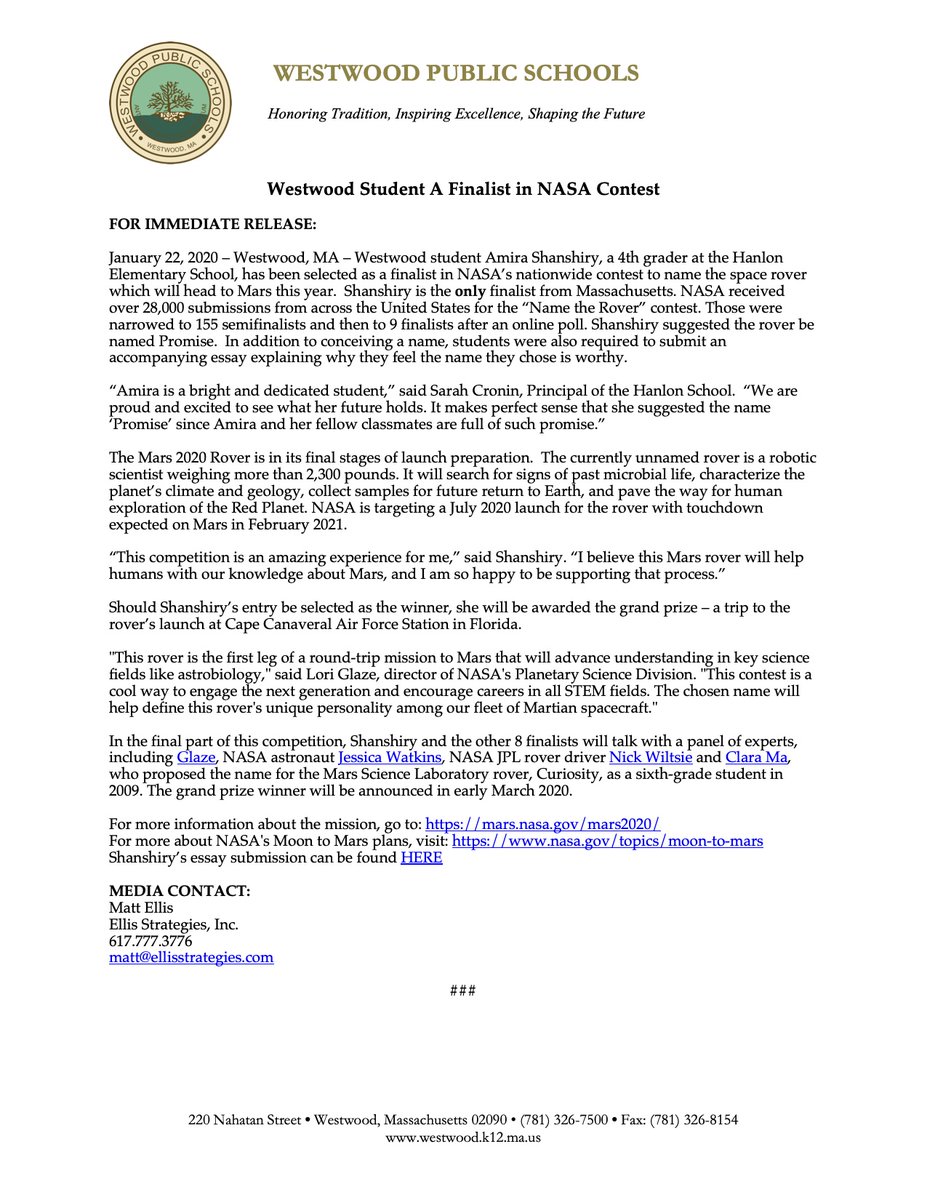 westwood_ps's tweet image. .@HanlonSchool_ps student Amira Shanshiry is one of nine finalists to name @NASA’s #Mars2020 rover! Polls for voting are open through Jan. 27. Amira’s name, Promise, and essay can be viewed and voted online: mars.nasa.gov/mars2020/parti….