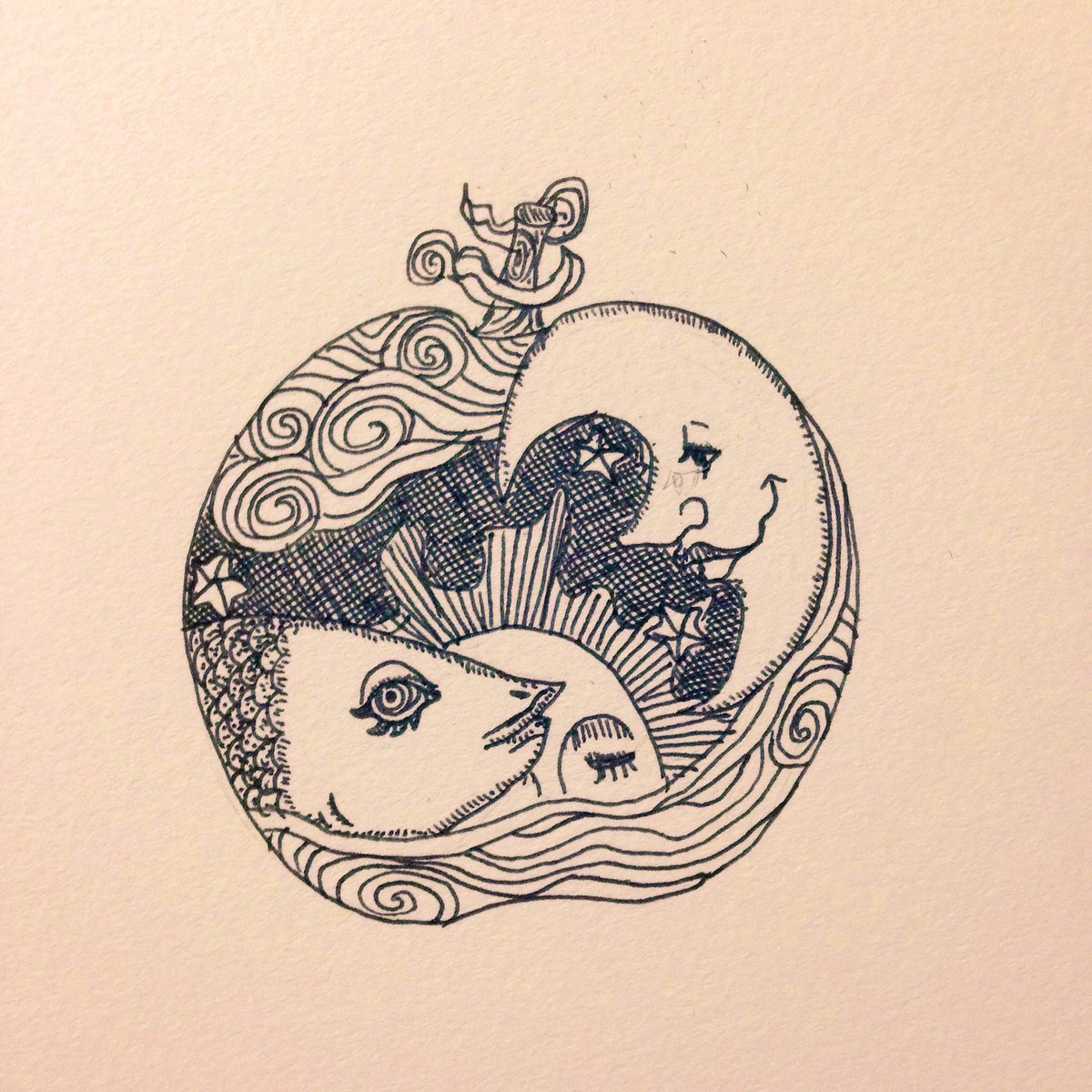 寿てくの No Twitter 前に描いたイラスト 林檎の中の空と海 イラスト ボールペンイラスト ペン画