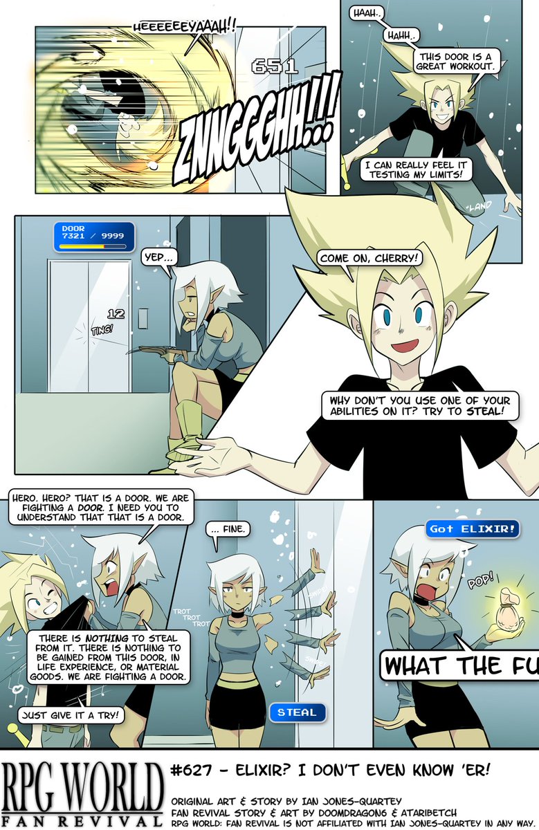 DoomDragon6's tweet photo. #627 - Elixir? I Don’t Even Know ‘Er!
I enjoy this page. It’s just classic Hero and Cherry.*
*But under WATER!
#rpgworld #rpgworldcomic #webcomic #webcomics #art #funny #ffvii #ff7 #FinalFantasyVII #finalfantasy7 https://t.co/q5buBQFa9g