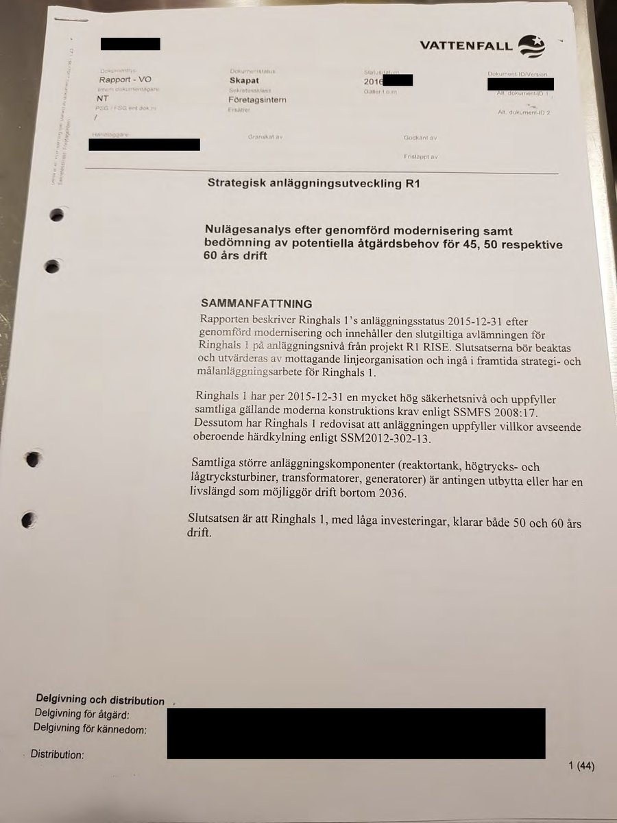 Jag fick via ett anonymt email framsidan av den interna Vattenfall-rapporten som sammanfattar den tekniska och ekonomiska situationen för Ringhals-1 (som tidigare rapporterats om i Di: bit.ly/2GcAZNN !). Det kan inte bli mycket tydligare än så här?